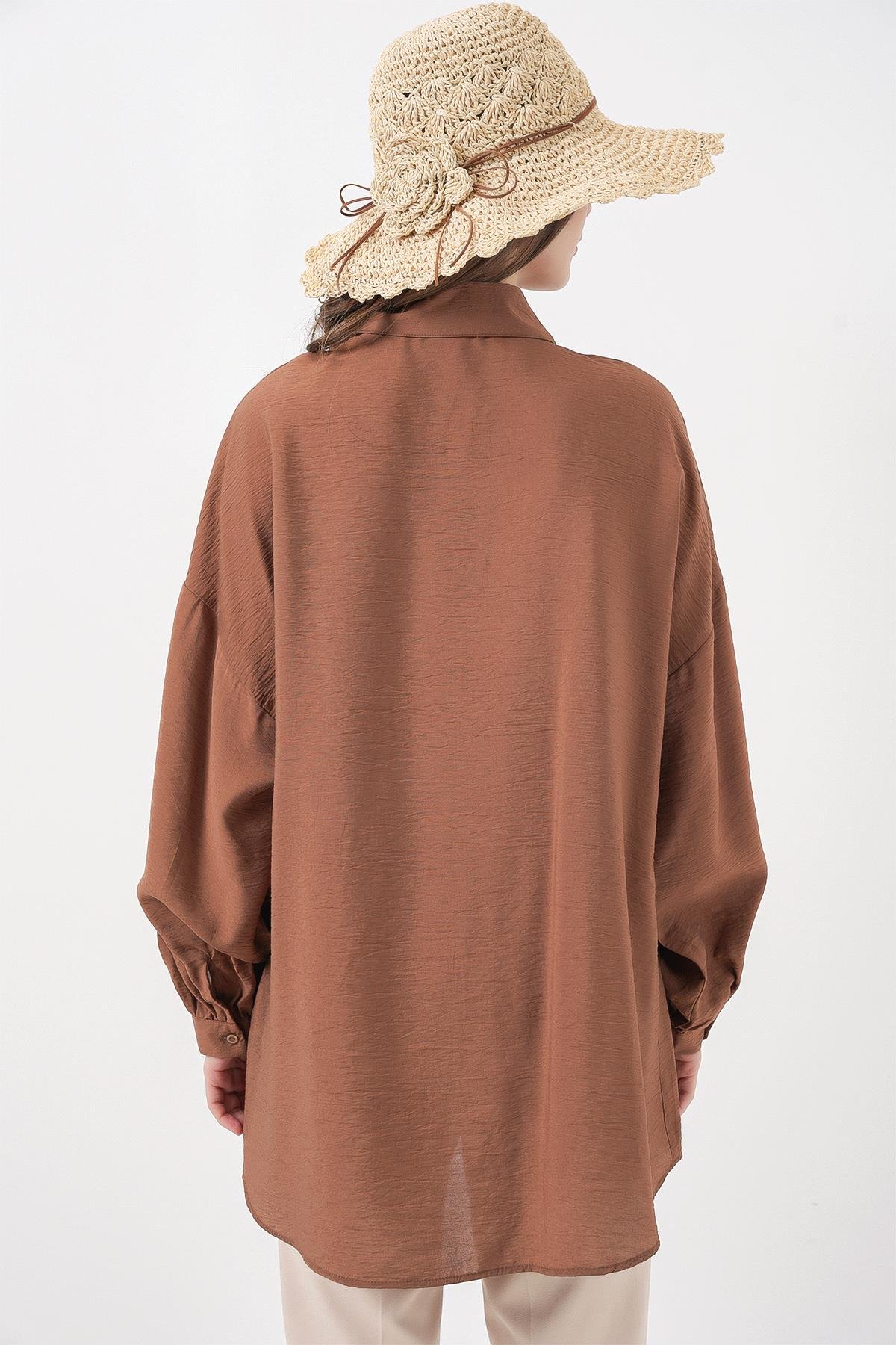 Kadın Uzun Oversize Gömlek 5965 - Sütlü Kahve