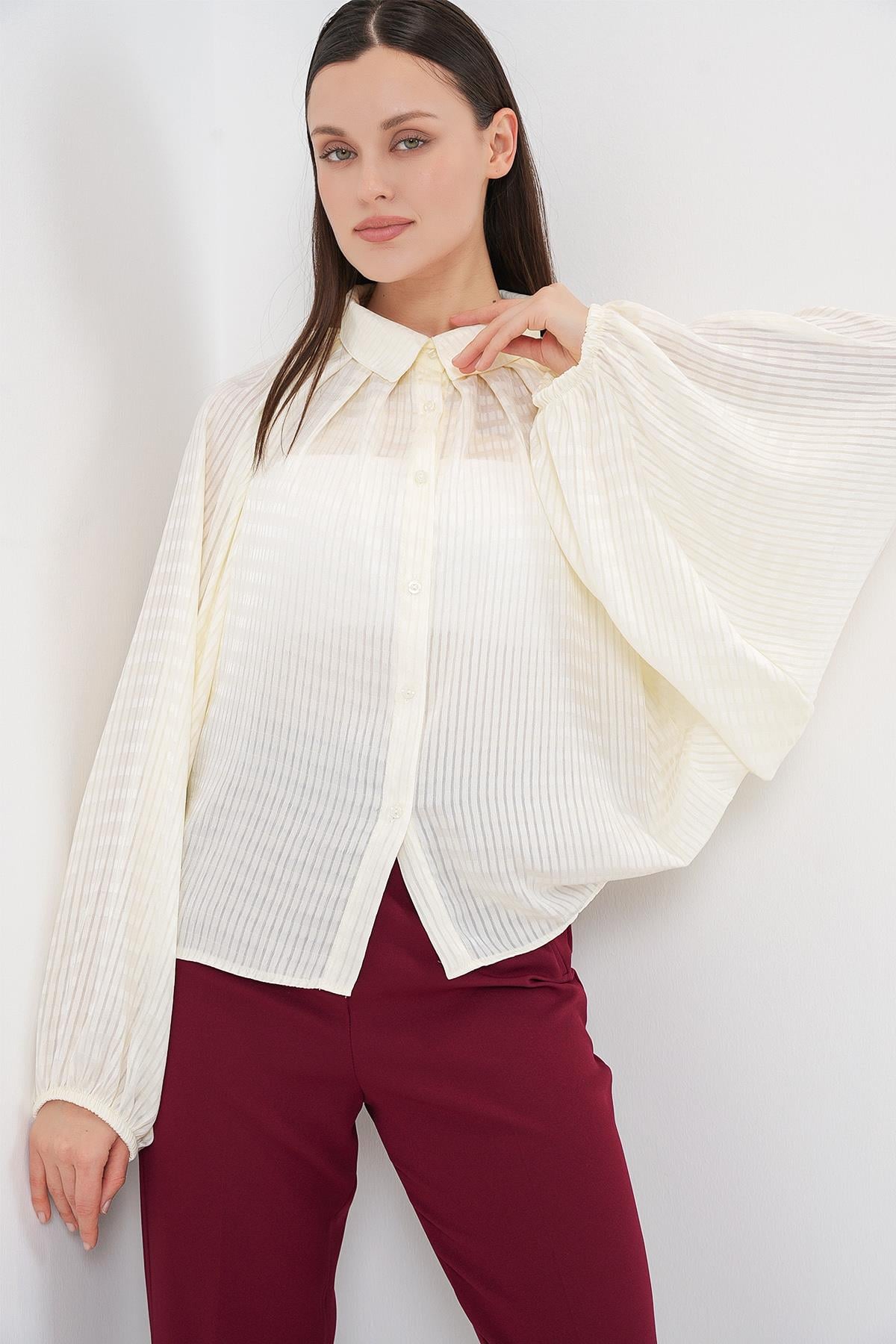 Kadın Yarasa Kol Oversize Gömlek 20368 - Ekru