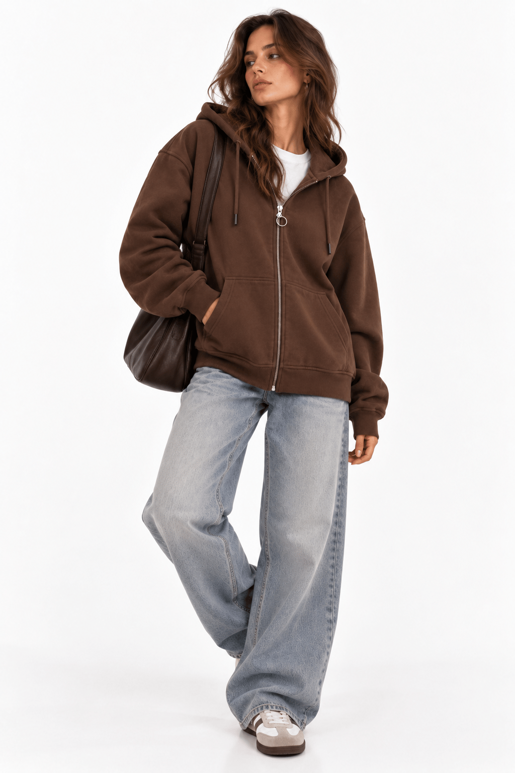 Kahve Fermuarlı Oversize Şardonlu Sweatshirt