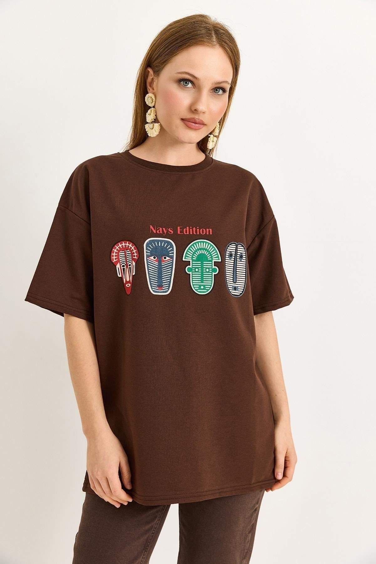 Kahverengi Baskılı Oversize Tişört
