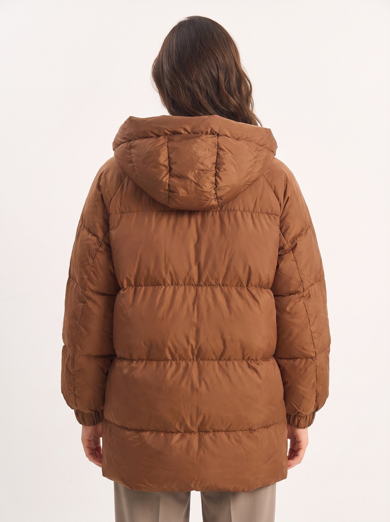 Kahverengi Kapüşonlu Oversize Şişme Mont