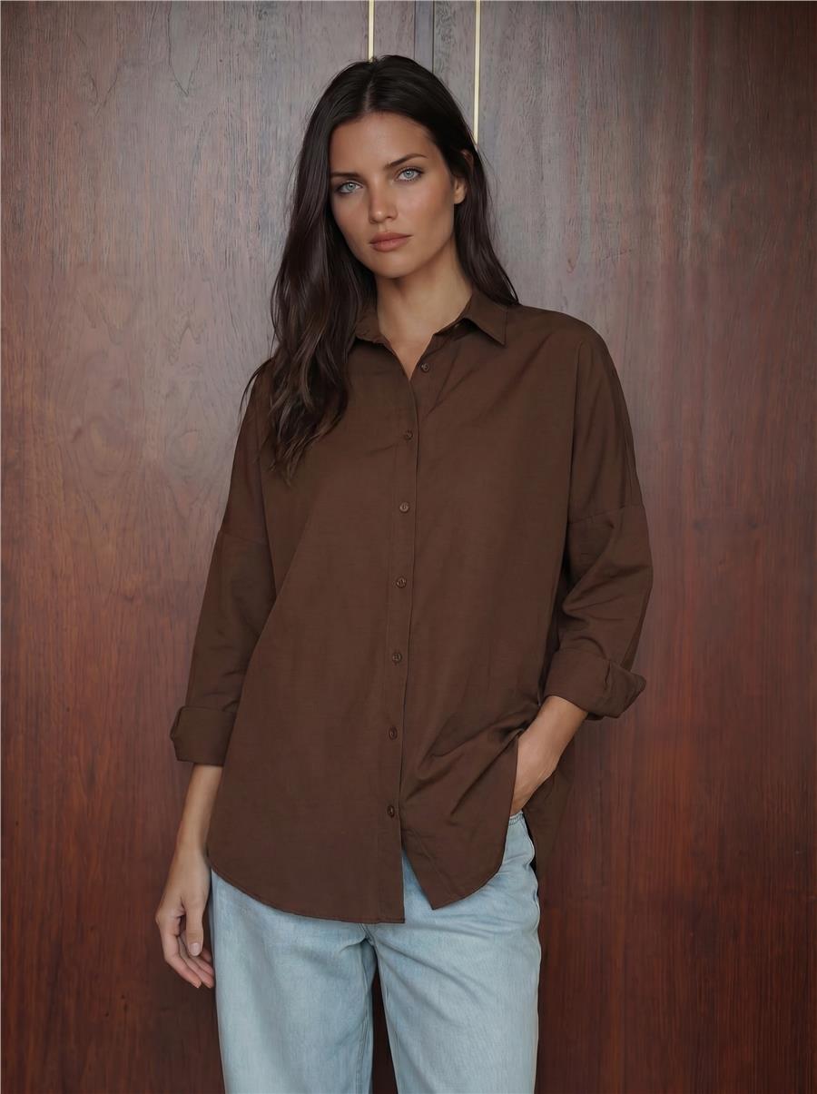 103901 Oversize Basic Tesettür Gömlek - Kahverengi
