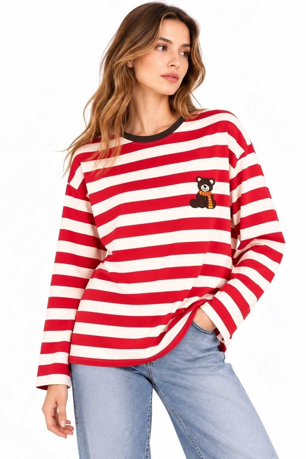 Kırmızı Ayıcık Baskılı Oversize Sweatshirt