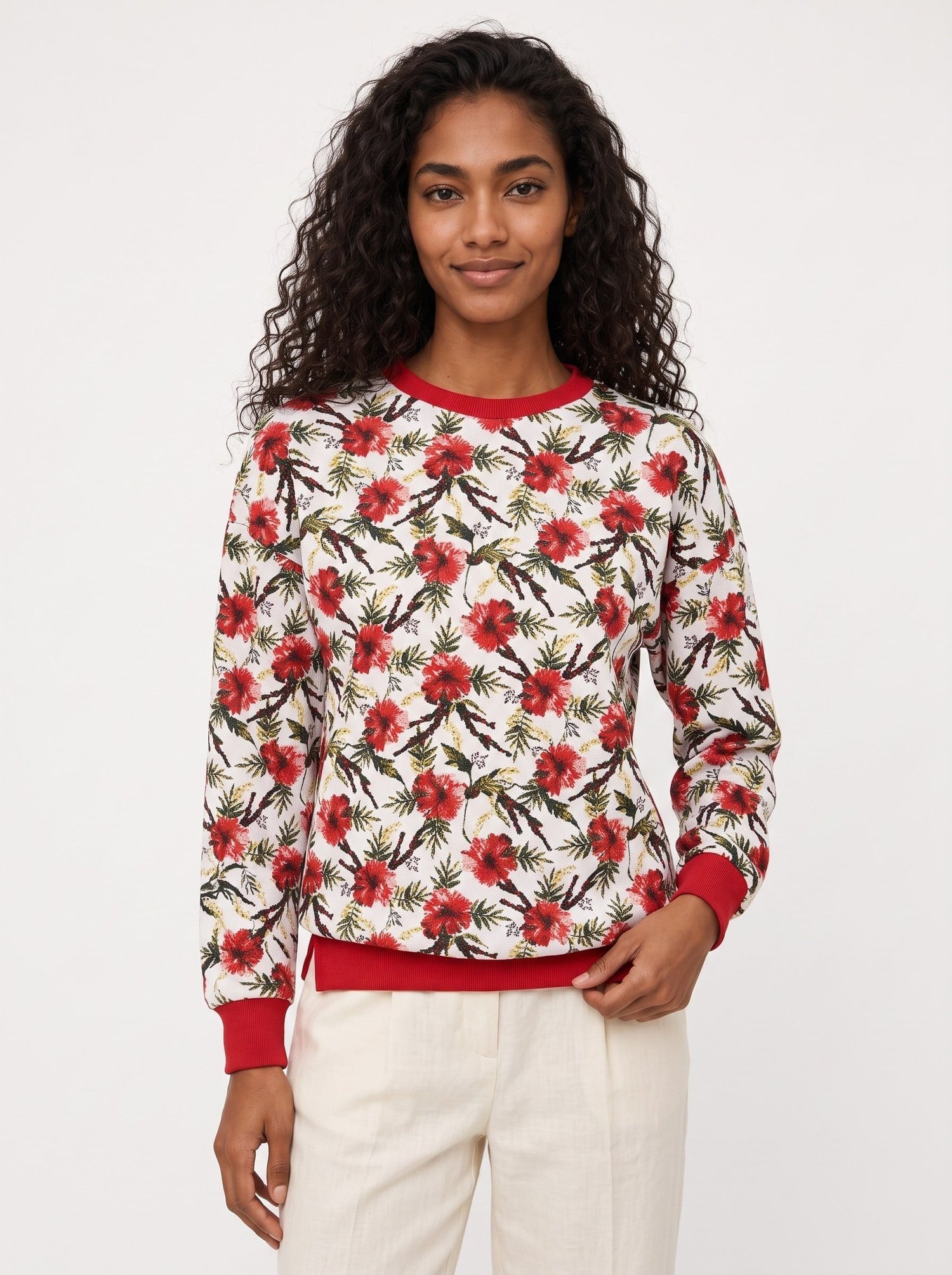 Kırmızı Çiçek Desenli Sweatshirt