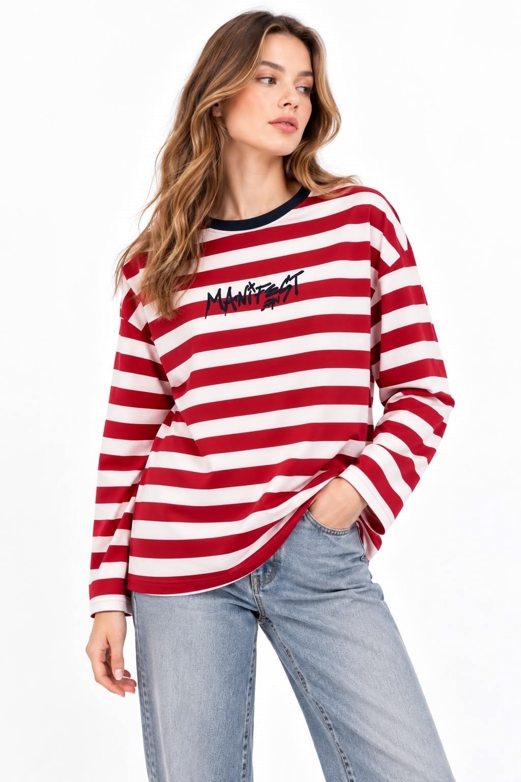 Kırmızı Çizgili Oversize Sweatshirt