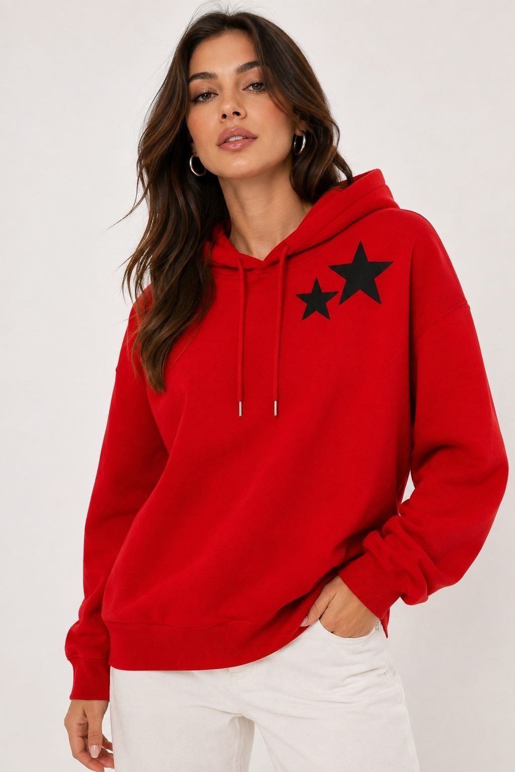 Kırmızı Kapüşonlu Yıldız Baskılı Sweatshirt