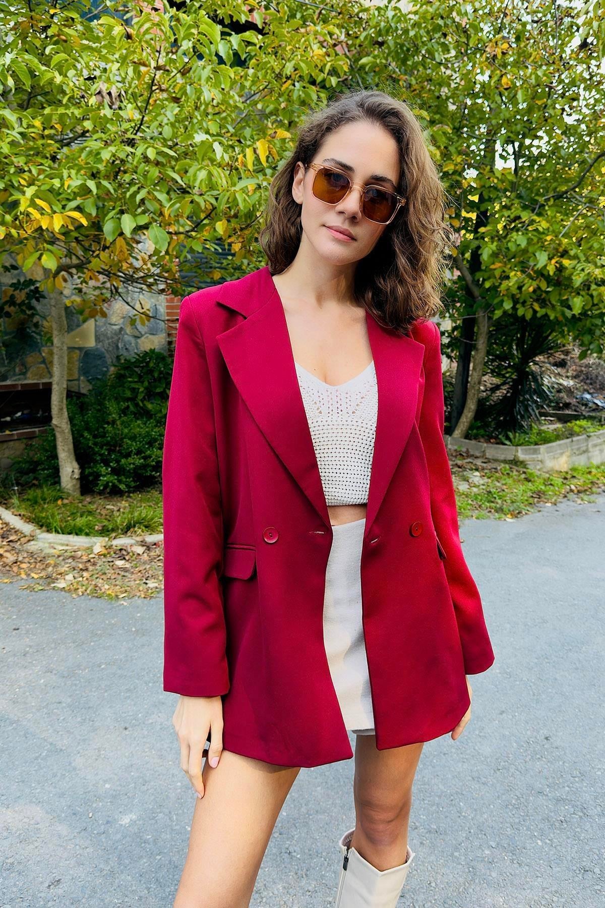 Kırmızı Oversize Tek Düğmeli Ceket