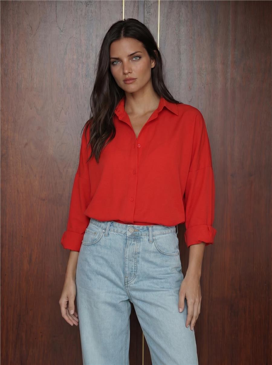 103901 Oversize Basic Tesettür Gömlek - Kırmızı