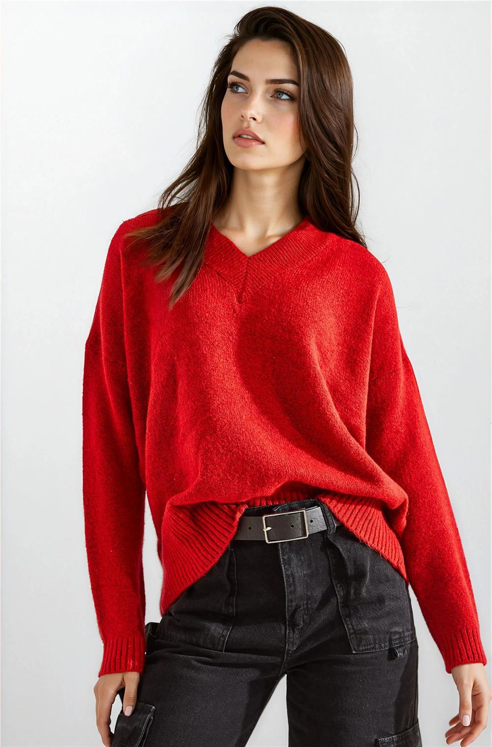 Kırmızı V Yaka Kazak