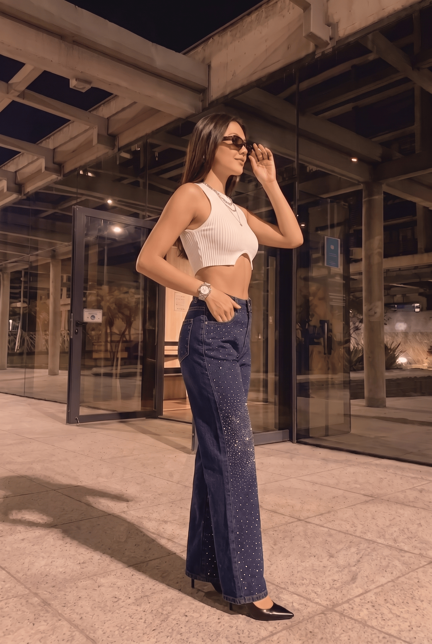 KOYU MAVİ TAŞLI KOT PANTOLON-