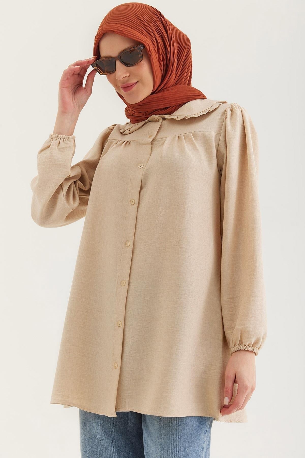 Krem Bebe Yaka Keten Tunik