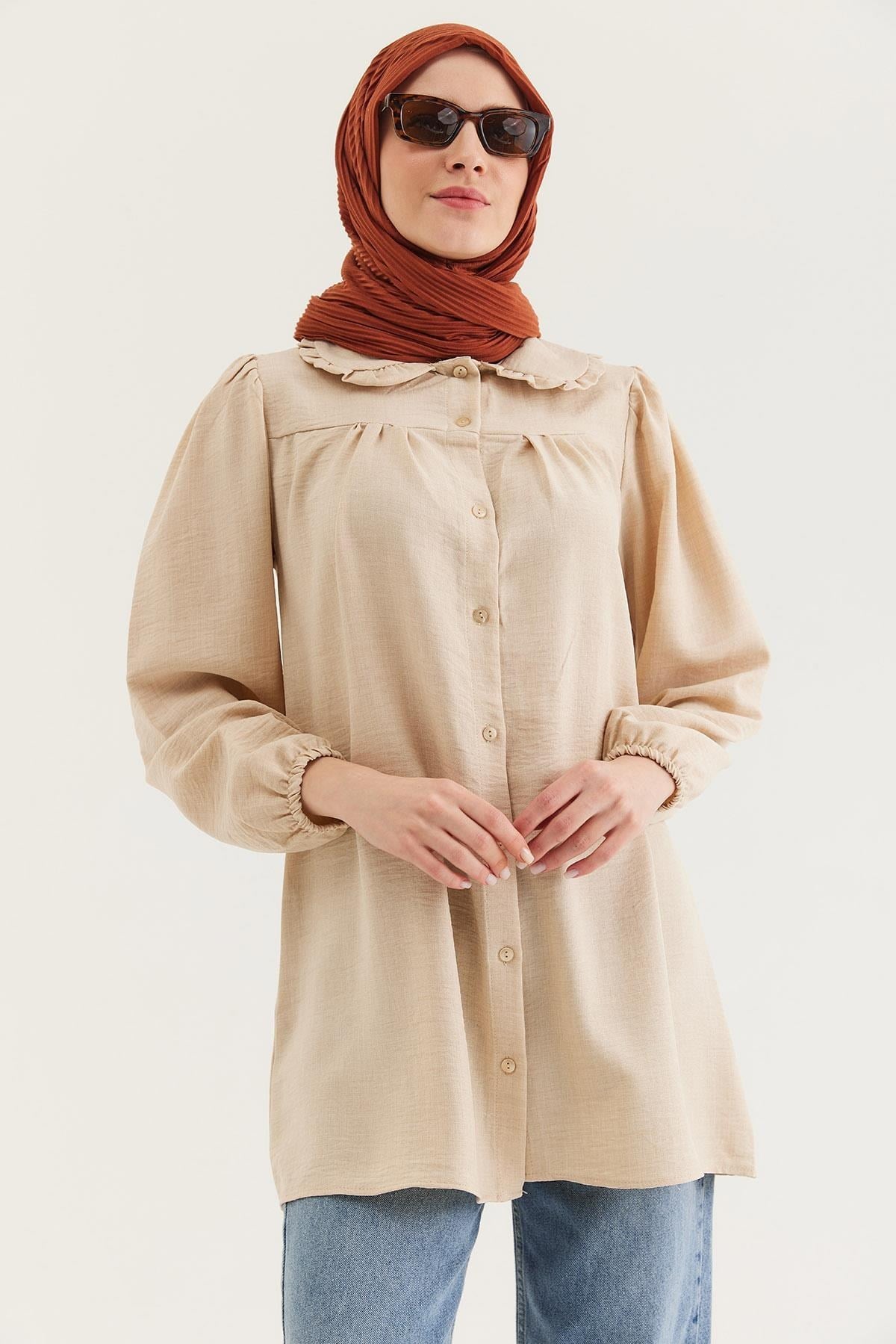 Krem Bebe Yaka Keten Tunik