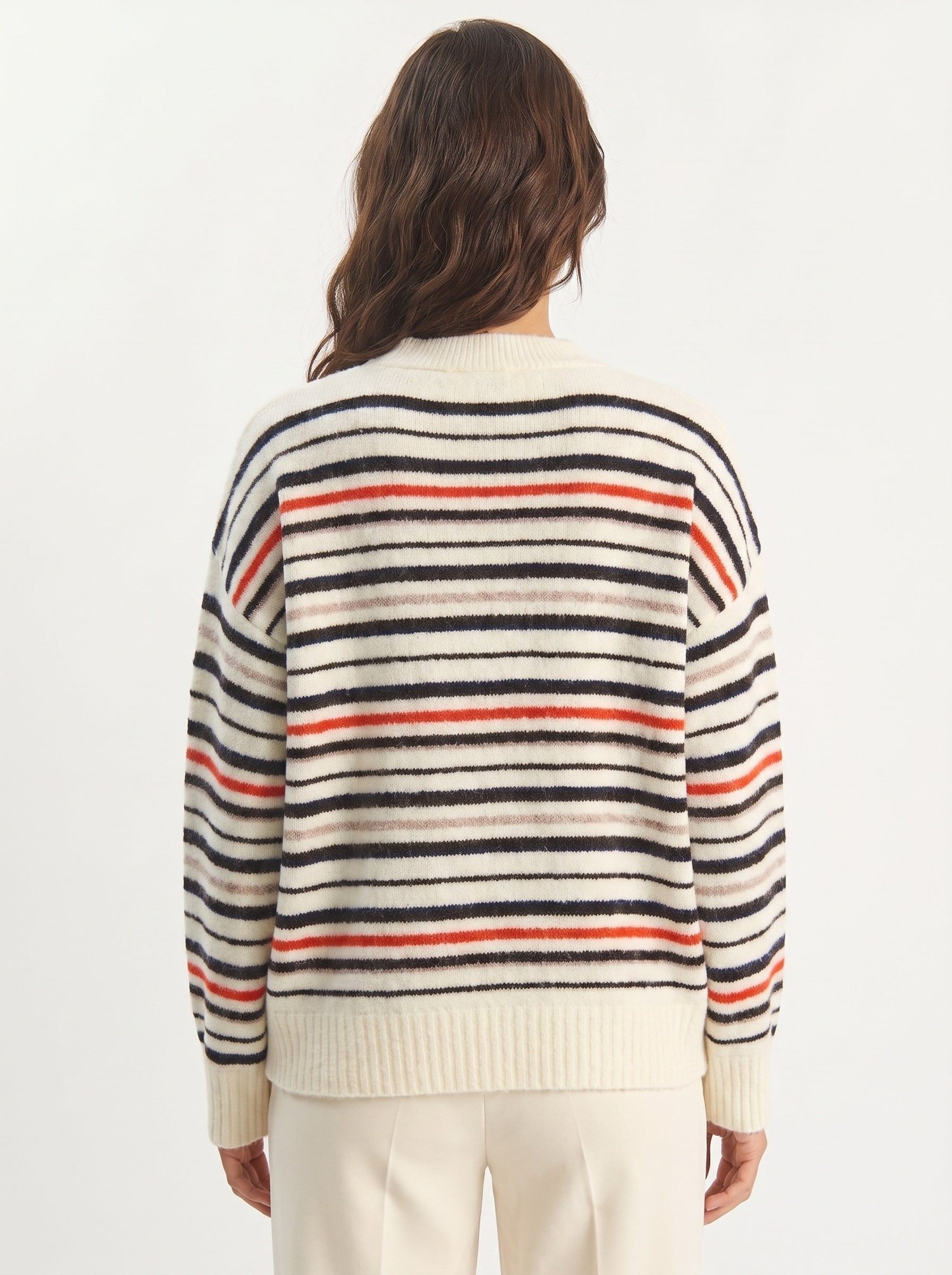 Krem Çizgili Oversize Triko Kazak