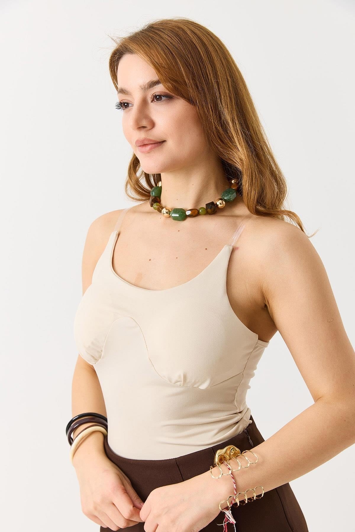 Krem Göğsü Dolgulu Crop Bluz