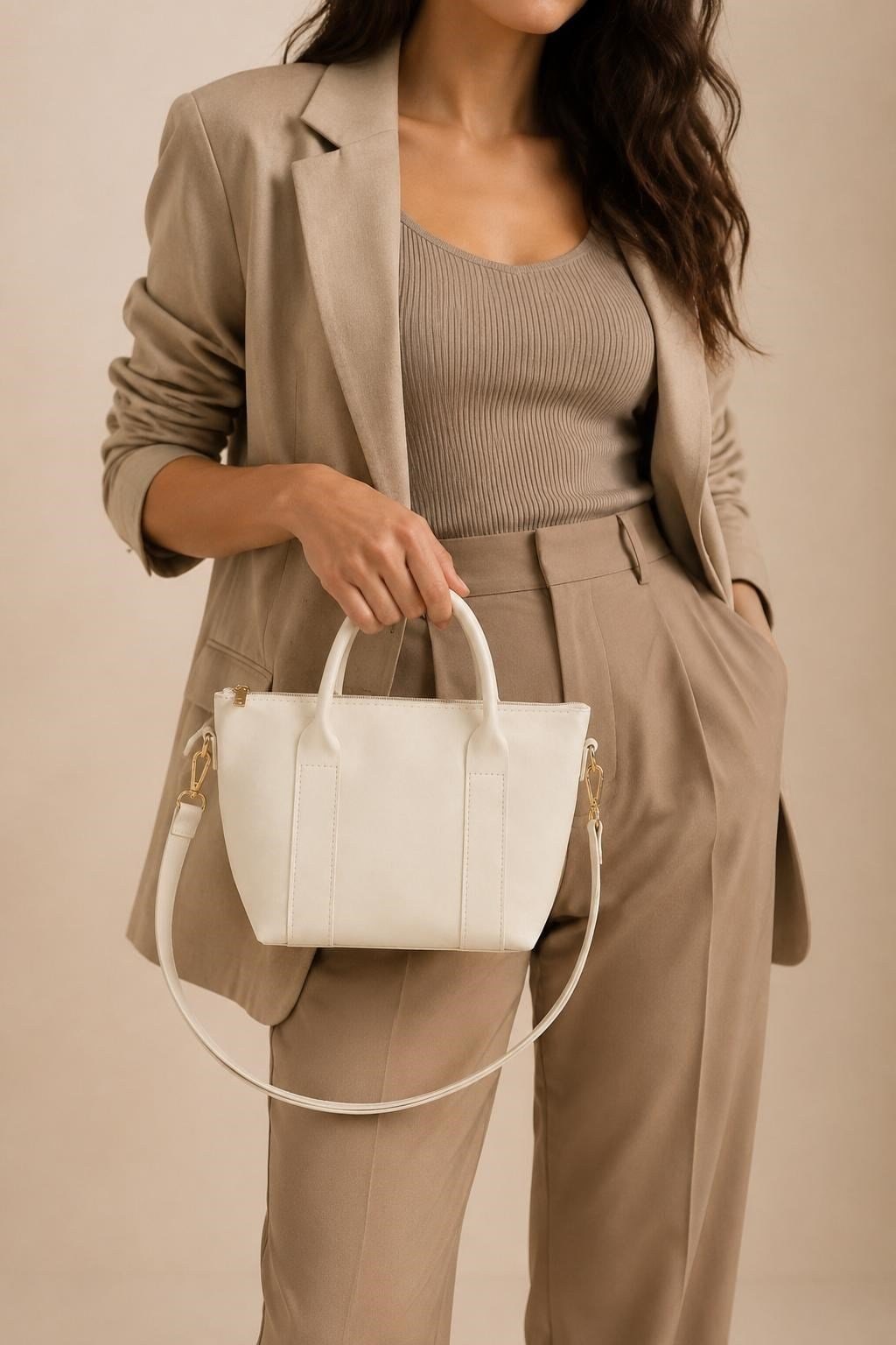 Krem Mini Tote Omuz Çantası