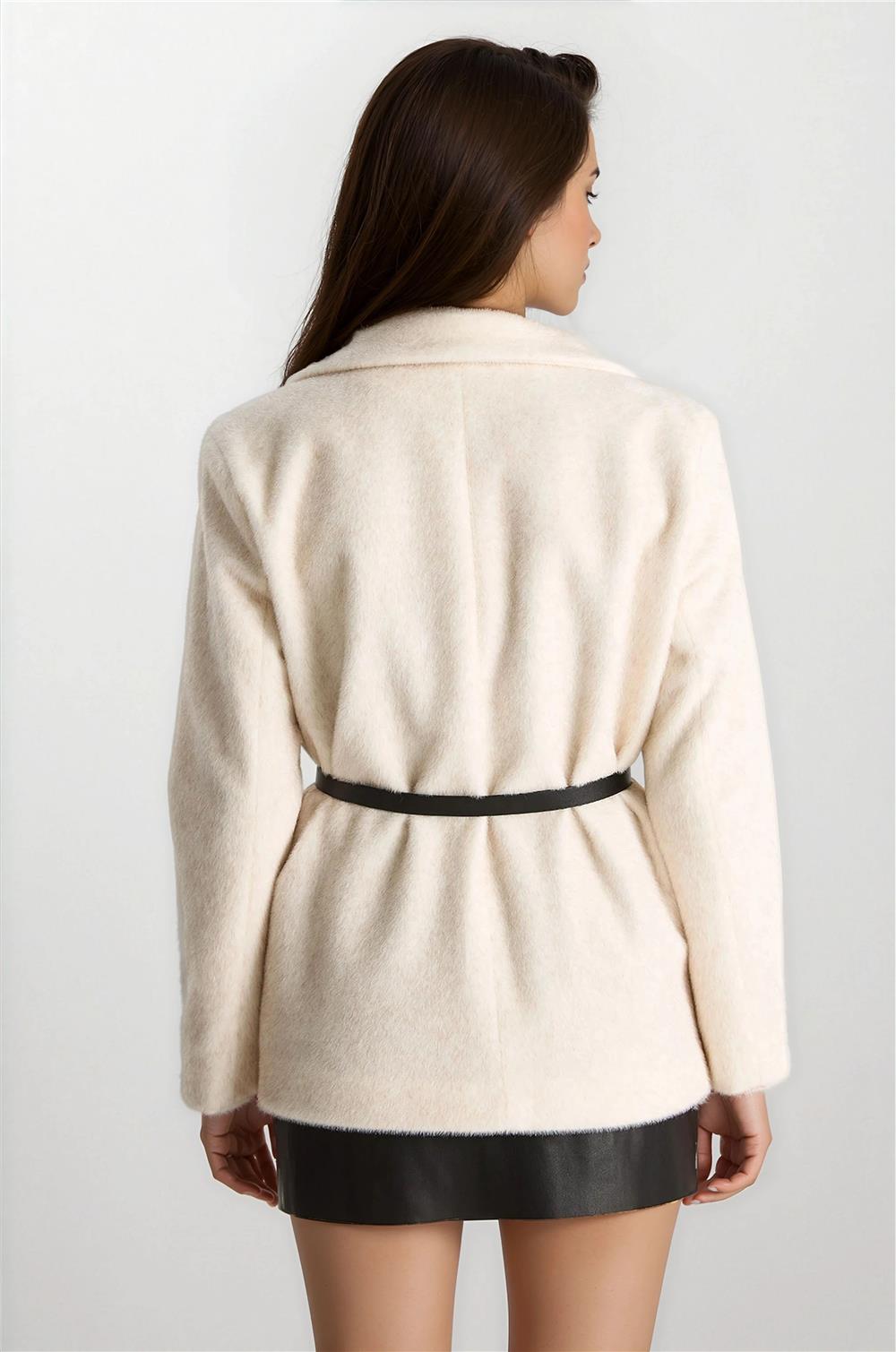 Krem Peluş Blazer Ceket