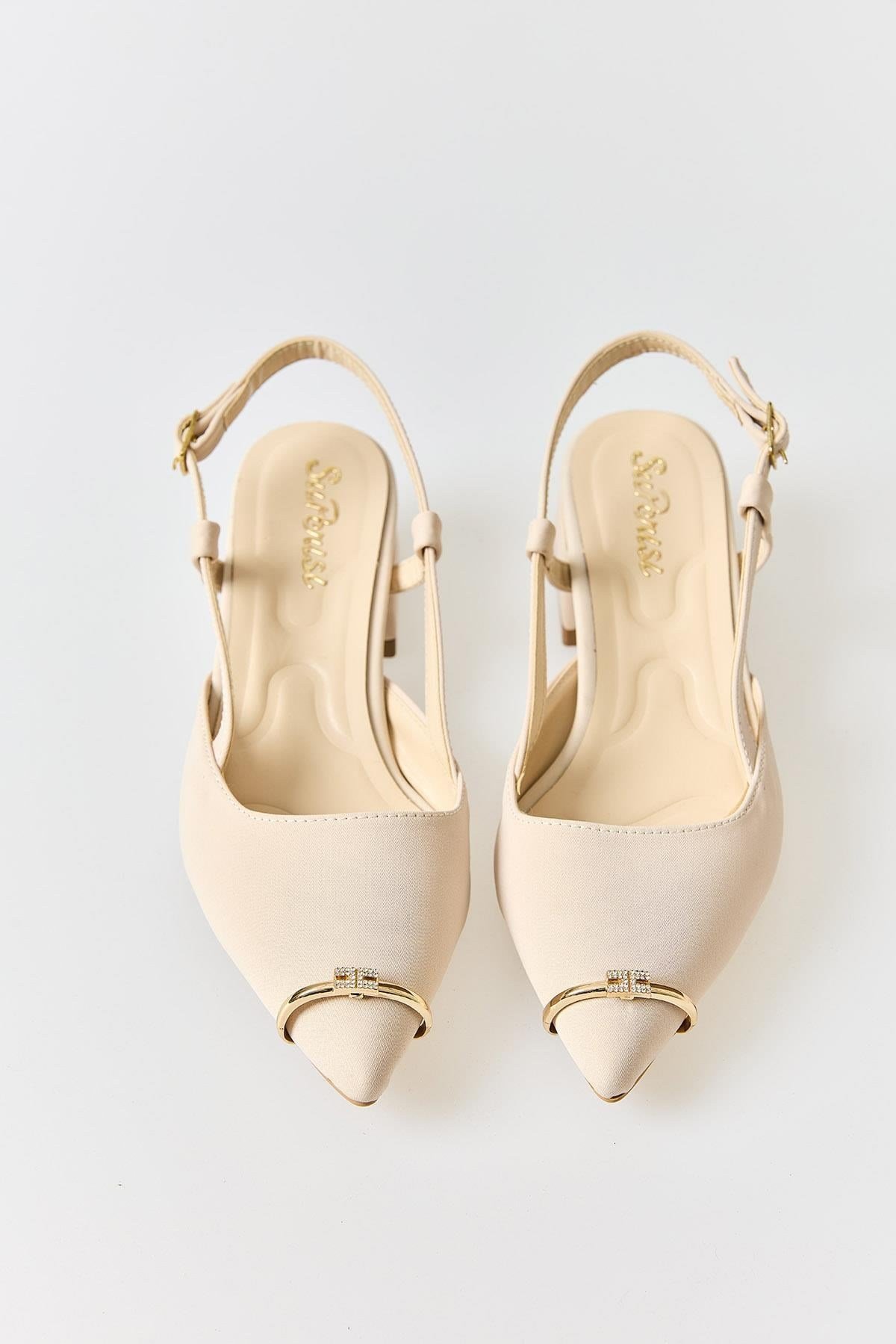 Krem Slingback Topuklu Ayakkabı