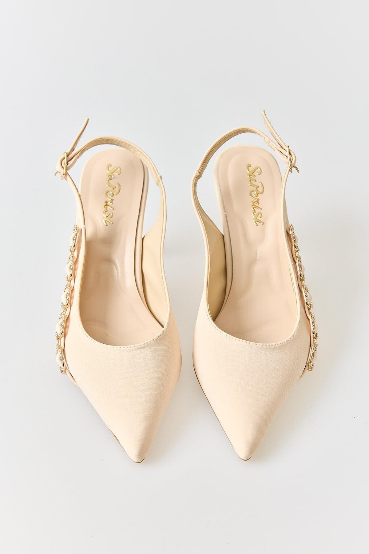 Krem Zincir Detaylı Slingback Stiletto