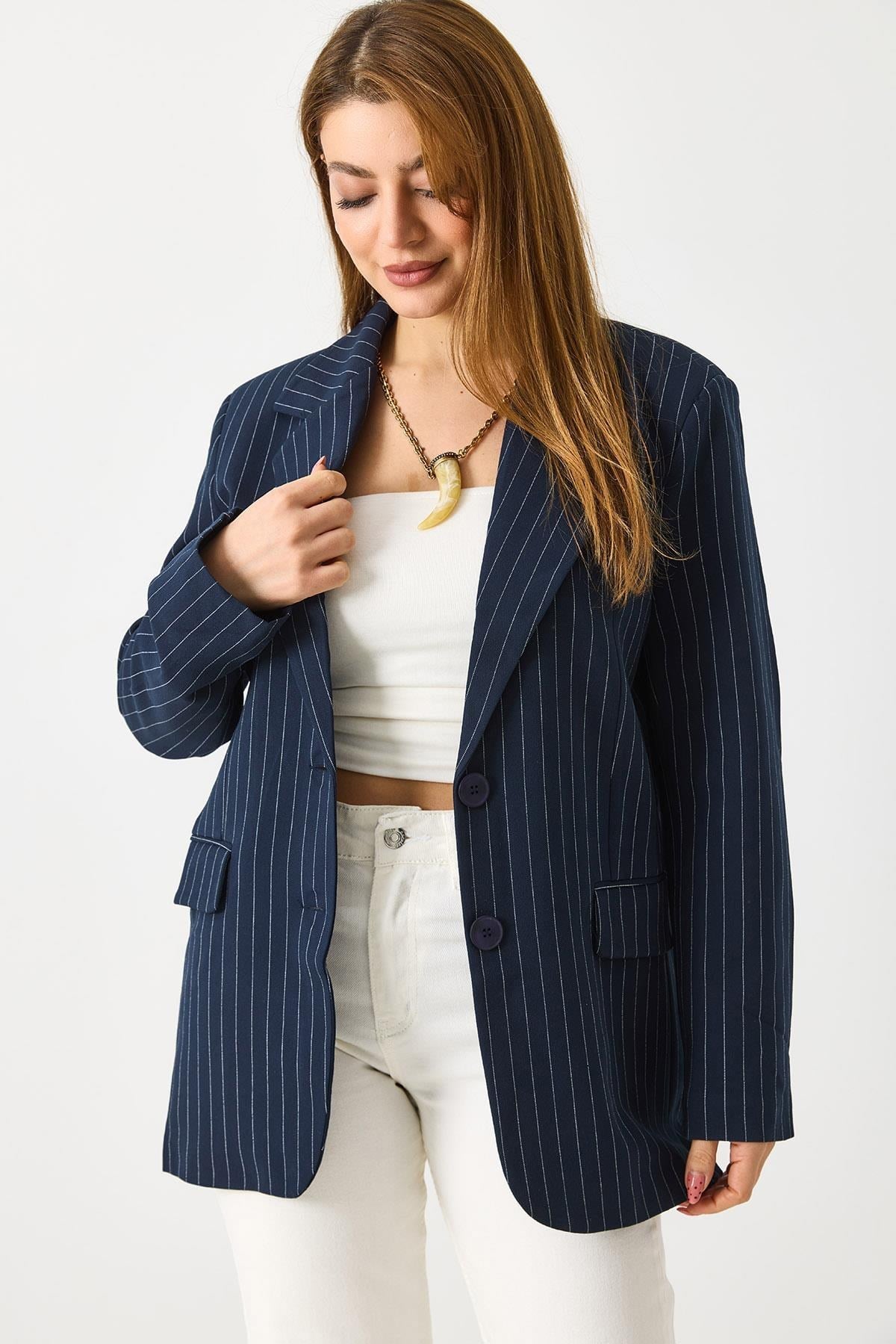 Lacivert Çizgili Blazer Ceket
