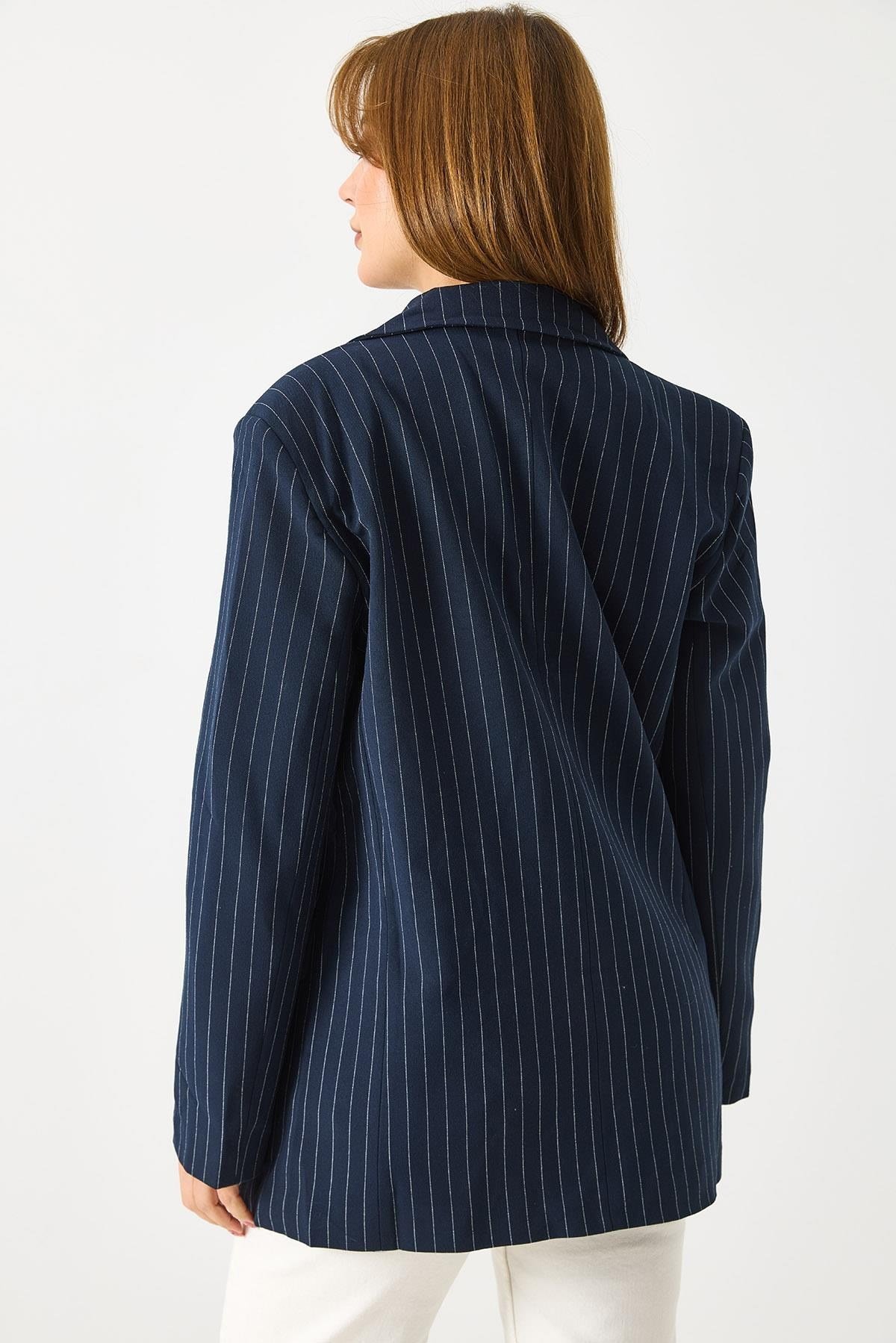 Lacivert Çizgili Blazer Ceket