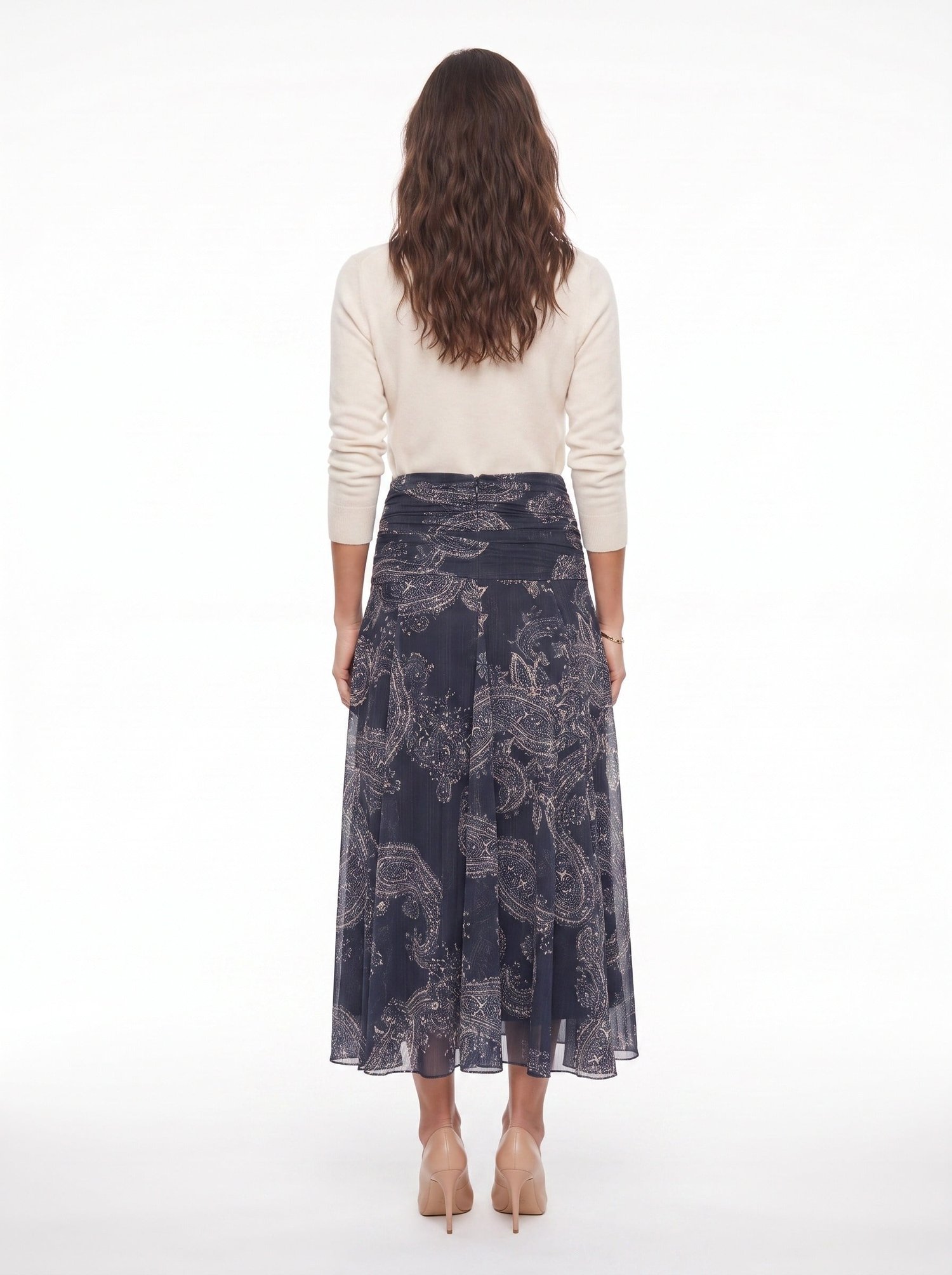 Lacivert Drape Detaylı Desenli Etek