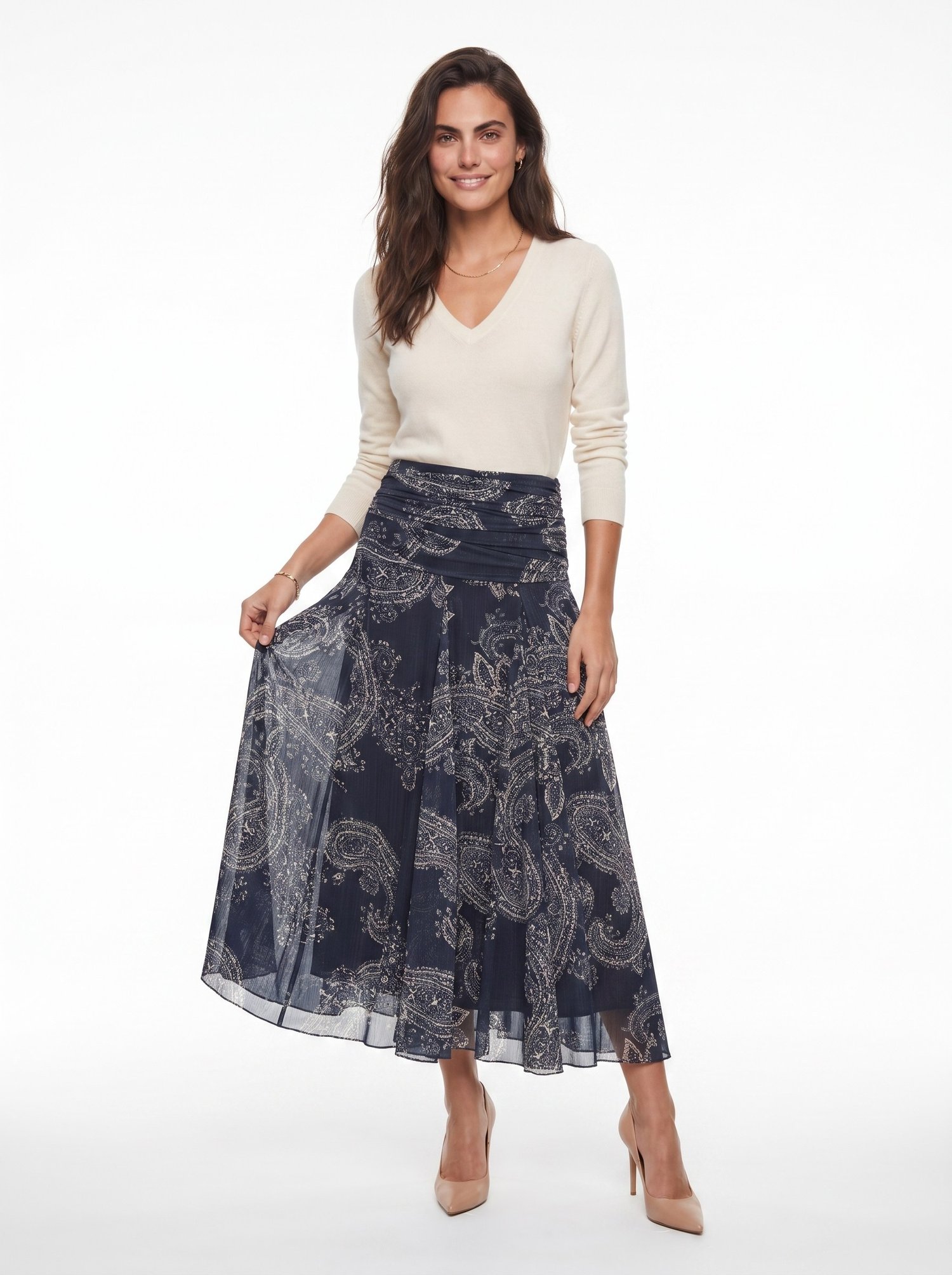 Lacivert Drape Detaylı Desenli Etek