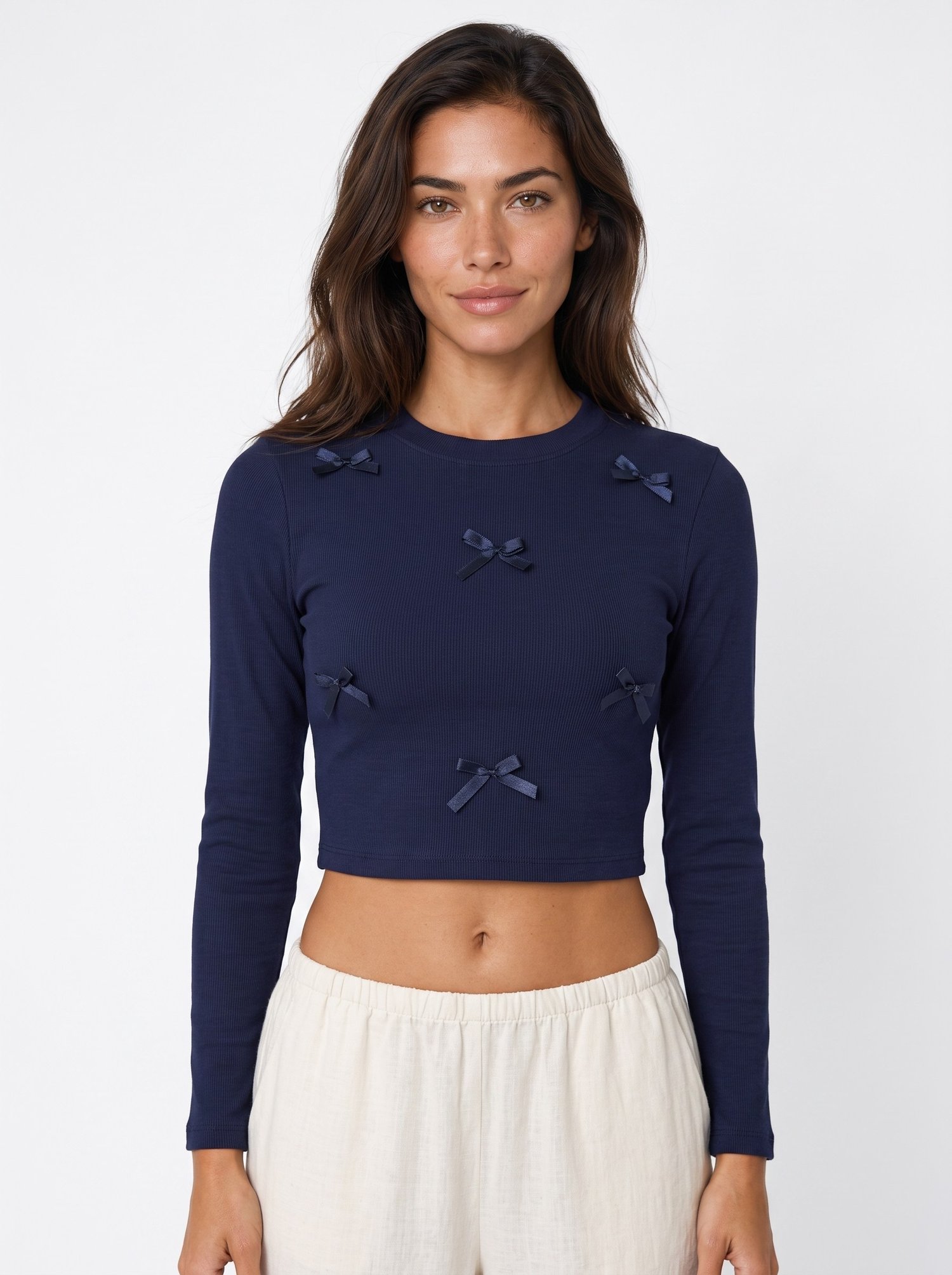 Lacivert Kurdeleli Crop Bluz