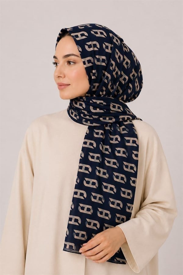Lacivert Monogram Desenli Şal