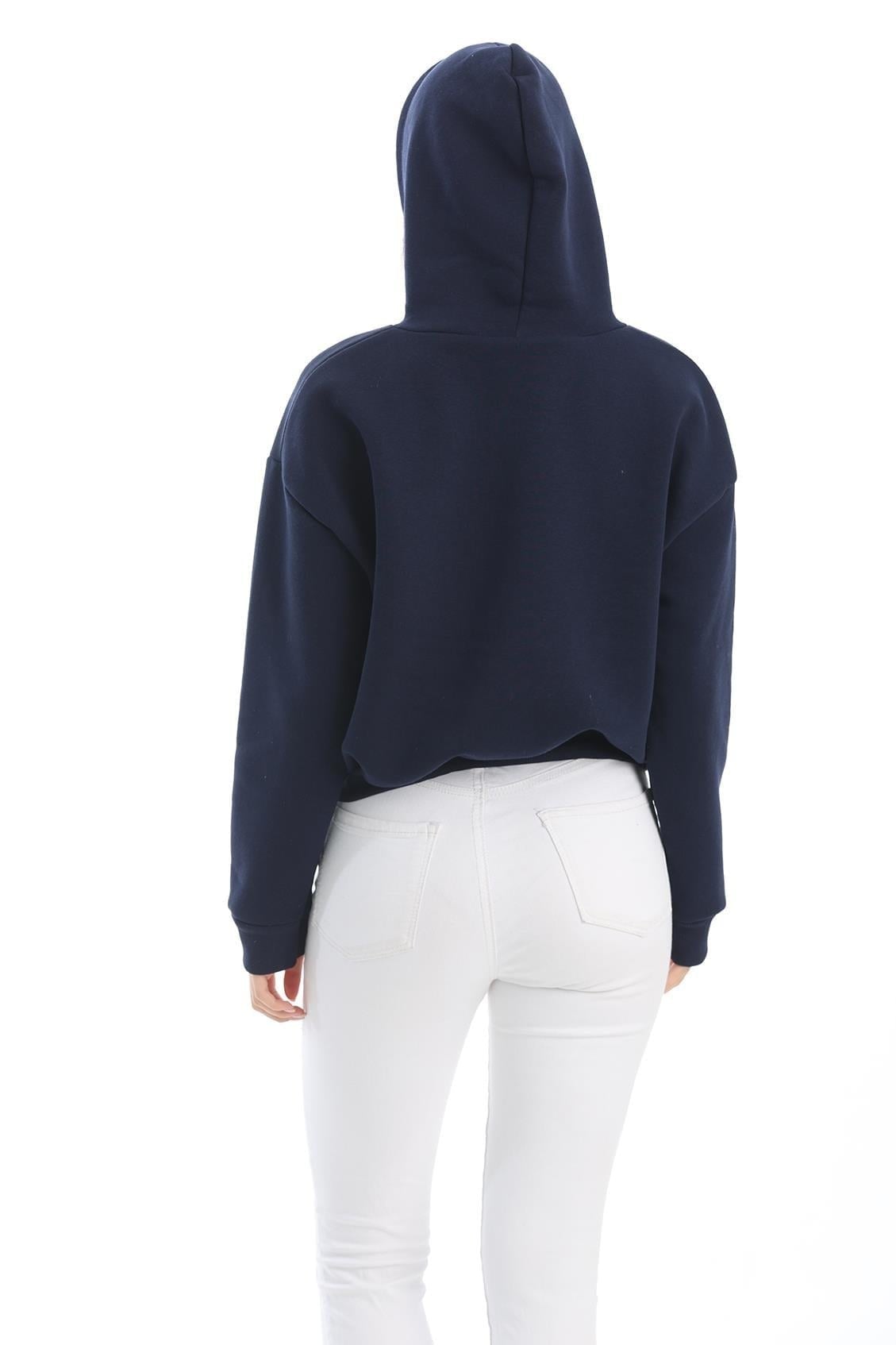 Lacivert Nakışlı Oversize Kapüşonlu Sweatshirt