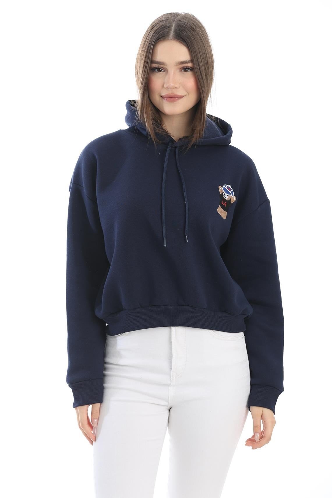 Lacivert Nakışlı Oversize Kapüşonlu Sweatshirt