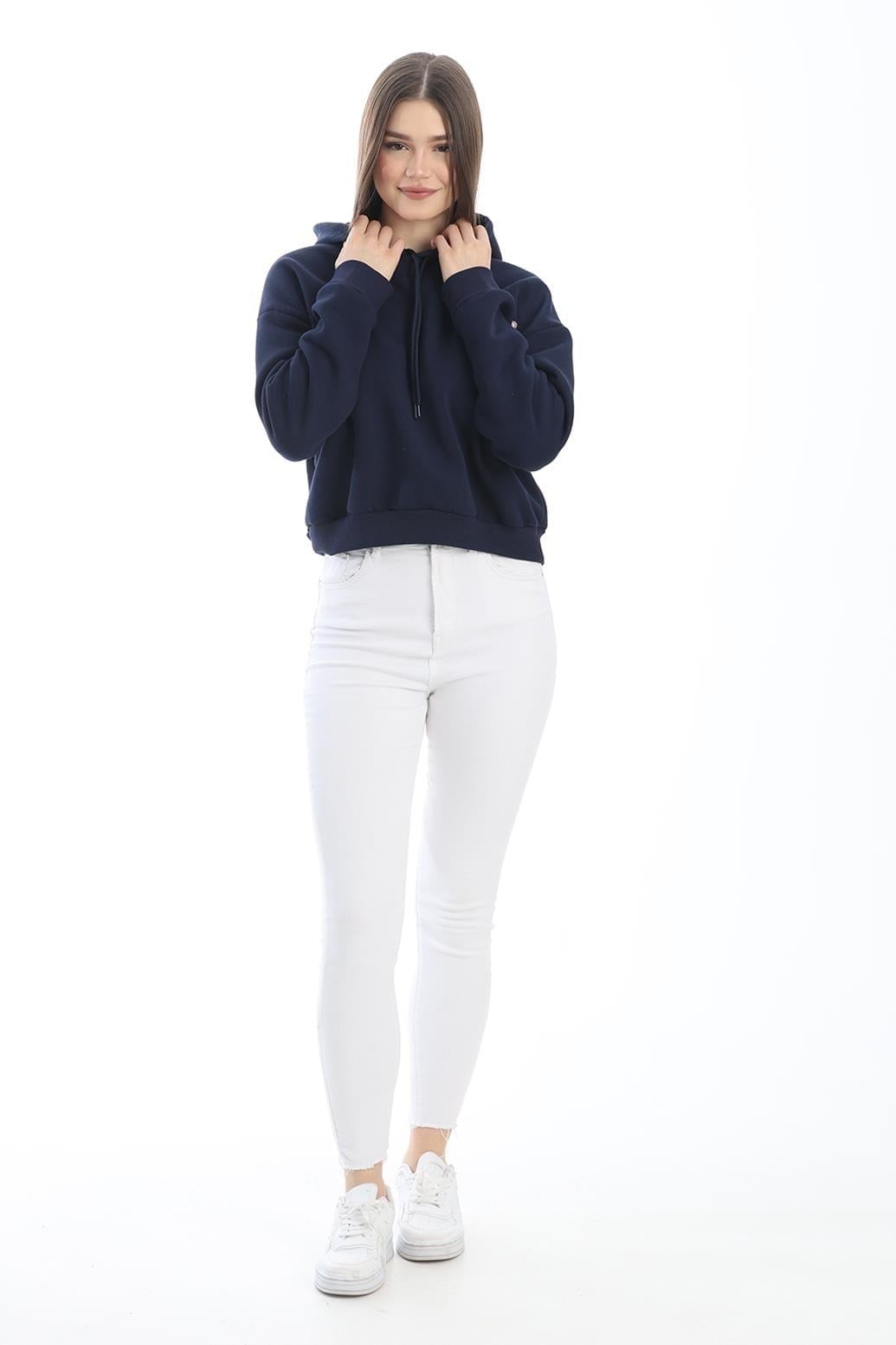 Lacivert Nakışlı Oversize Kapüşonlu Sweatshirt