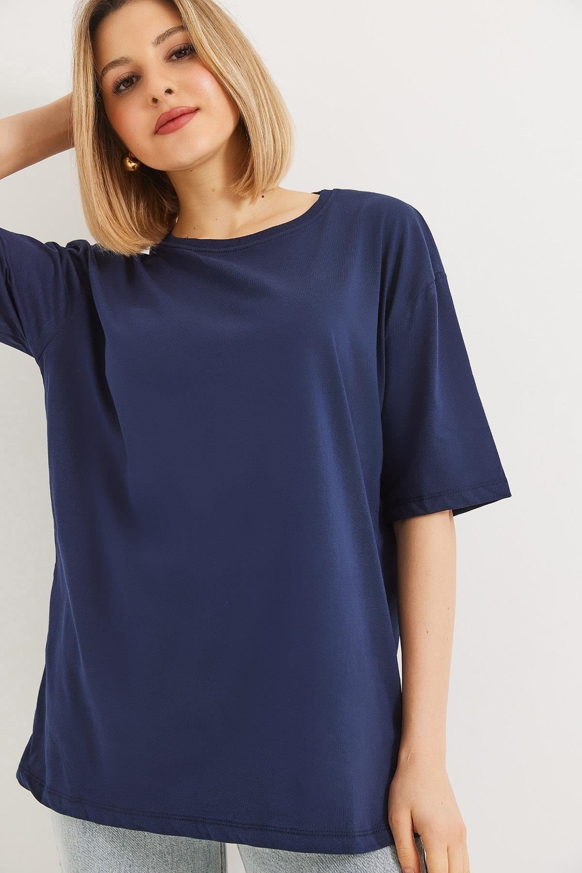 Lacivert Oversize Bisiklet Yaka Tişört