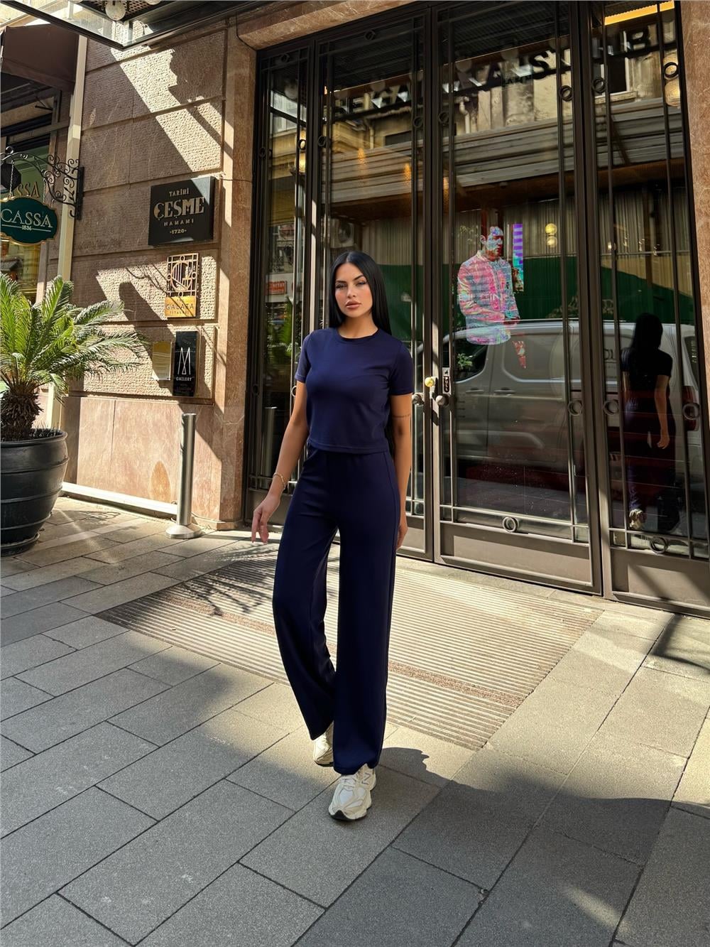 Lacivert Polyester Keten Palazzo Takım