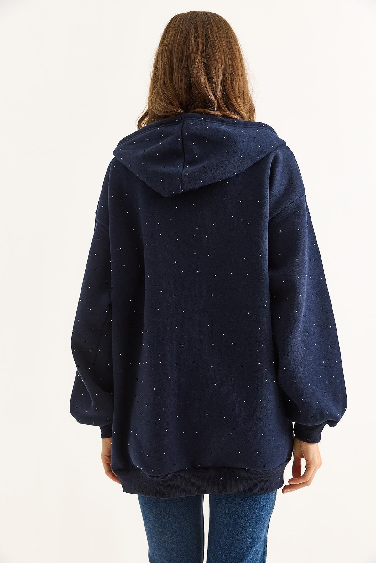 Lacivert Taş Detaylı Oversize Hırka