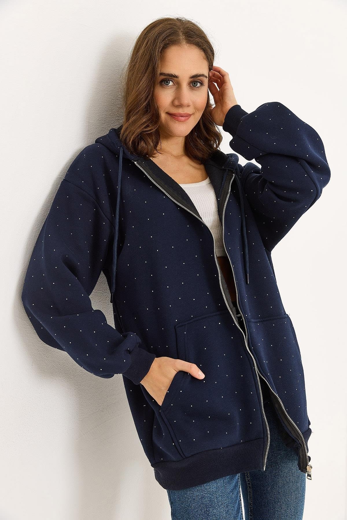 Lacivert Taş Detaylı Oversize Hırka