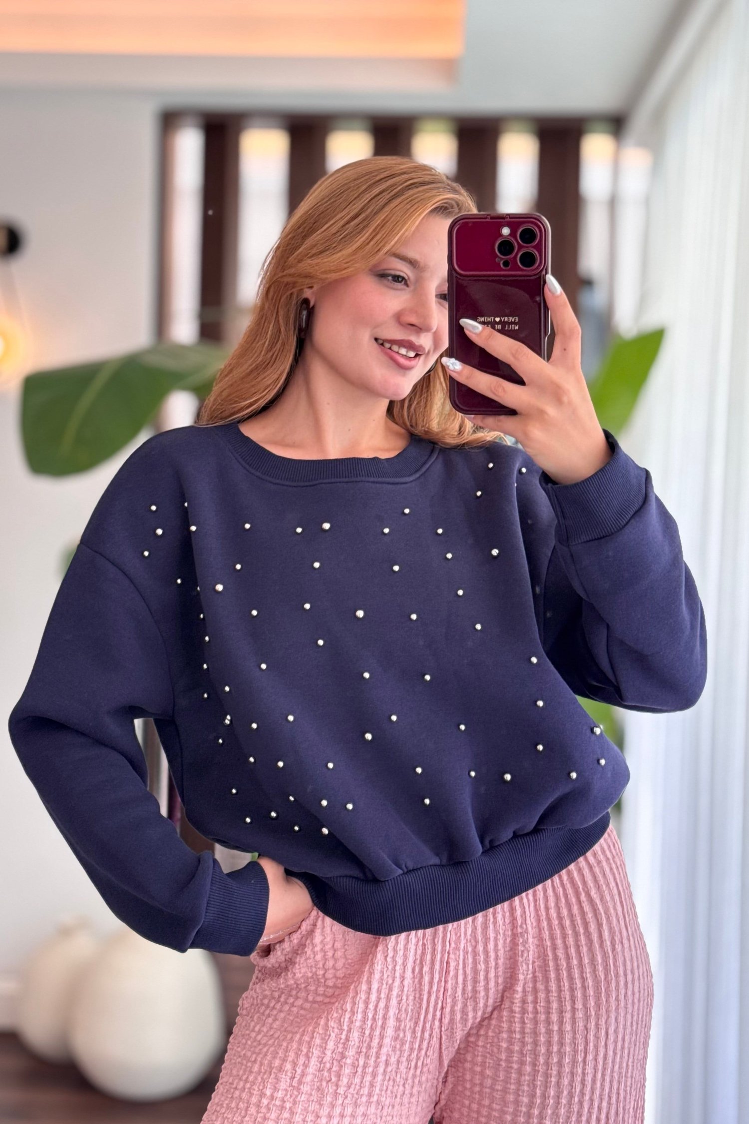 Lacivert Taş Detaylı Sweatshirt
