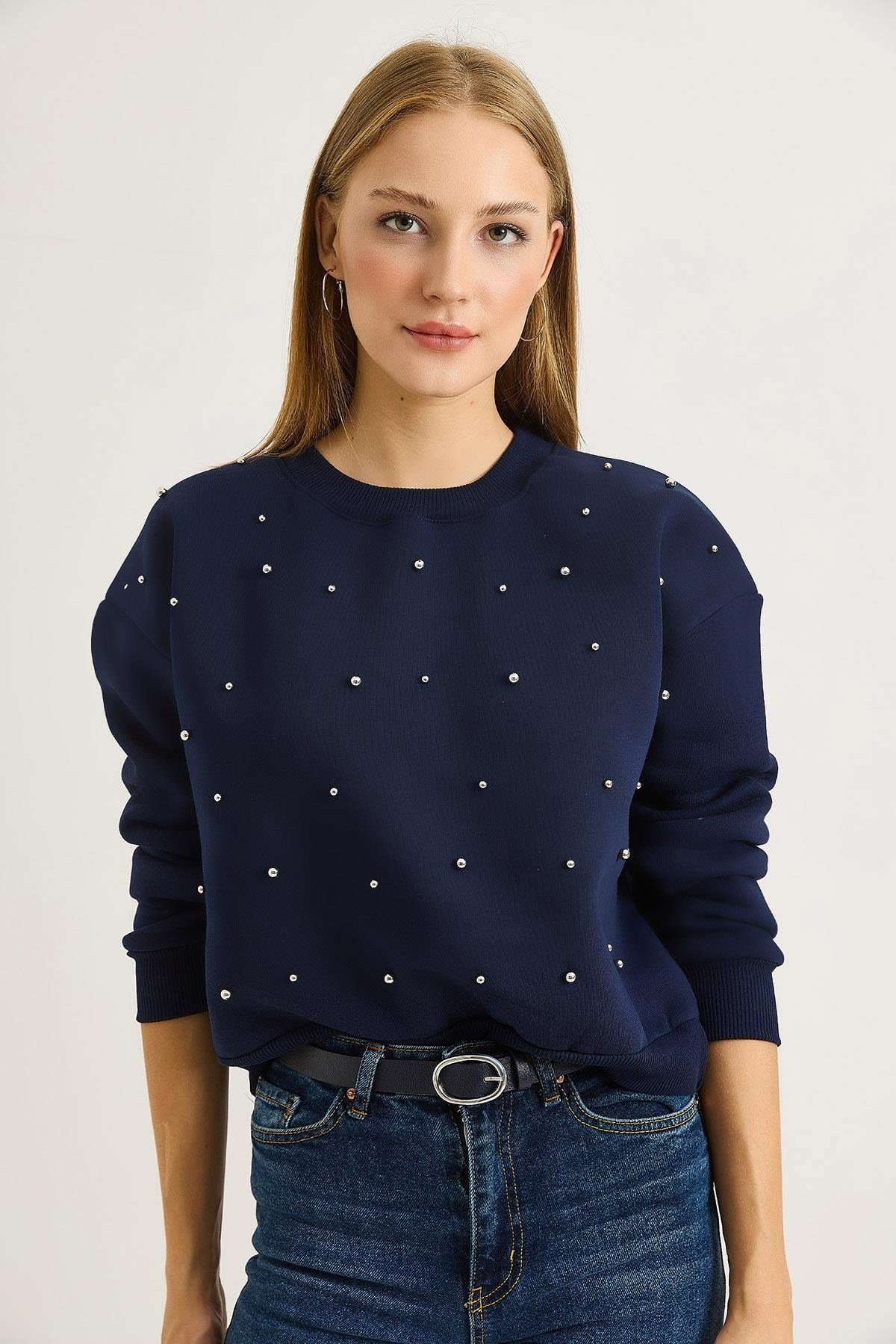 Lacivert Taşlı Bisiklet Yaka Sweatshirt