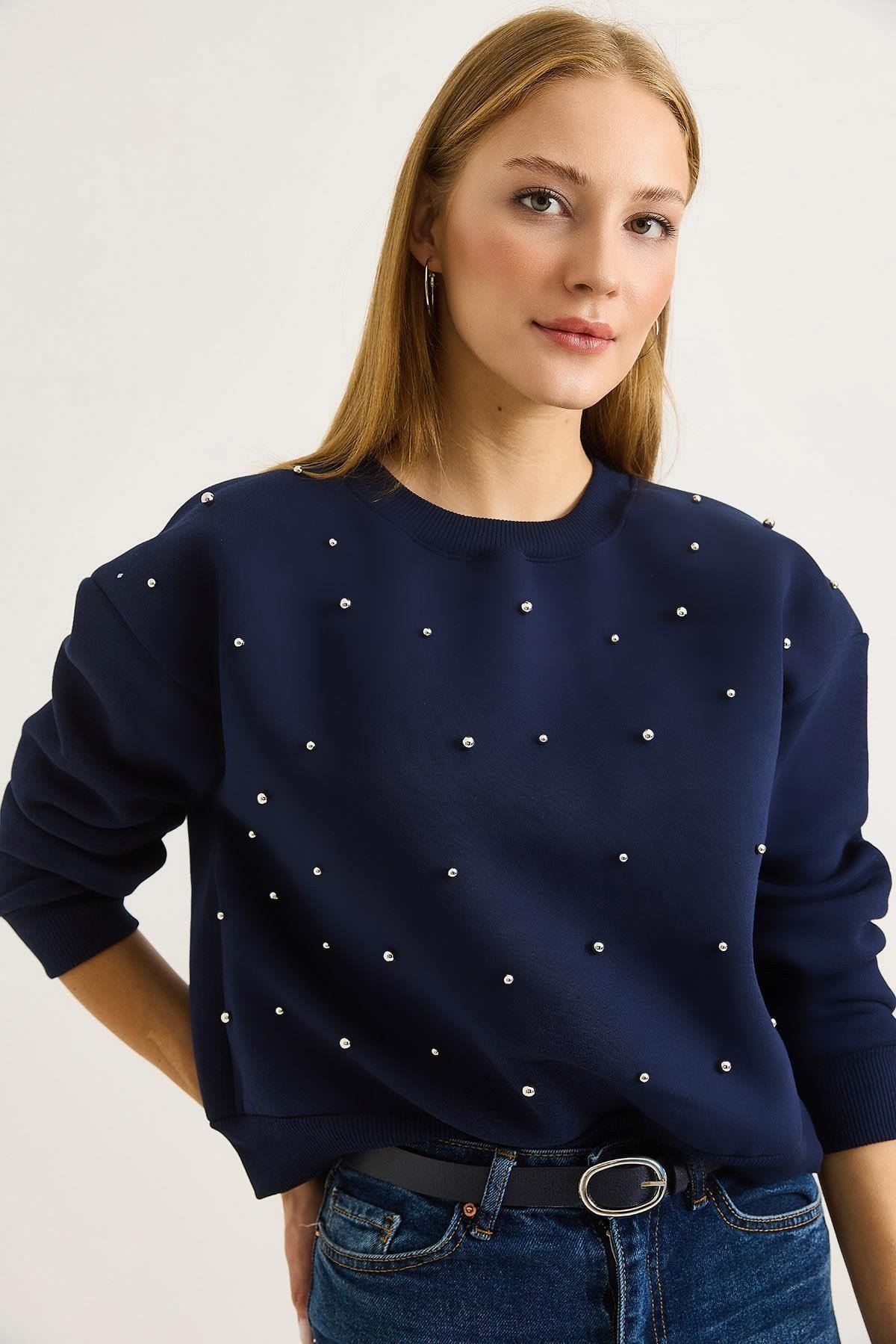 Lacivert Taşlı Bisiklet Yaka Sweatshirt