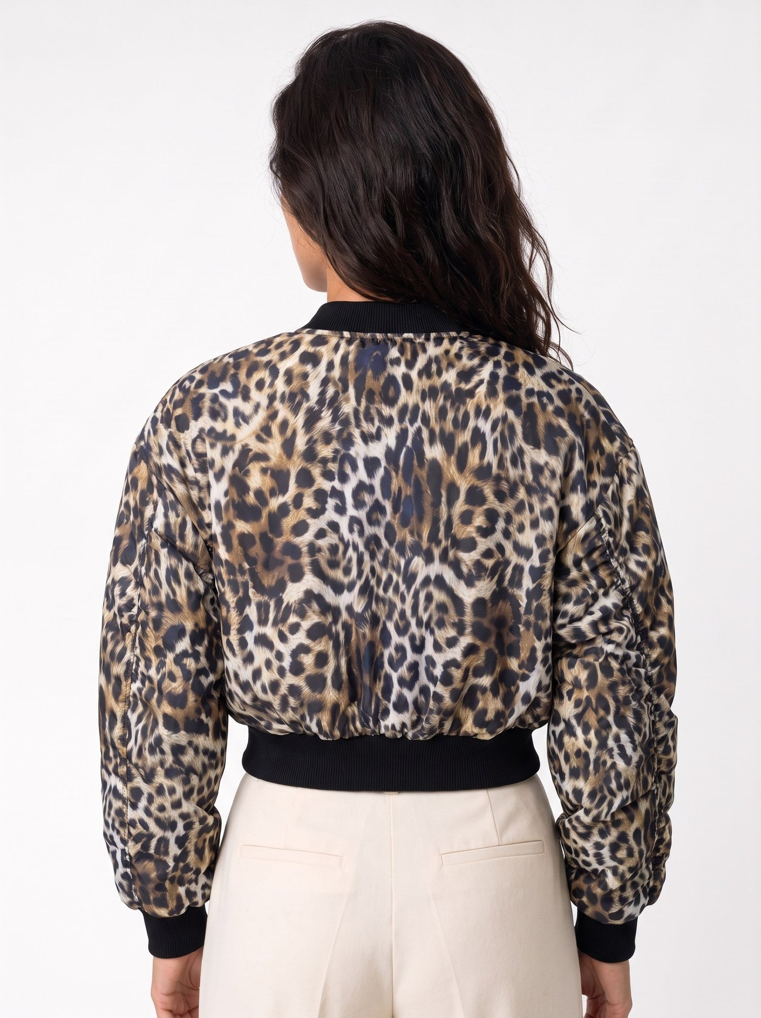 Leopar Desenli Crop Şişme Mont