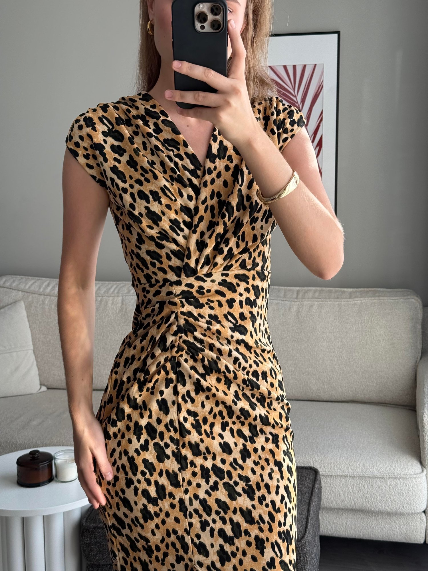 Leopar Desenli Degaje Yaka Elbise