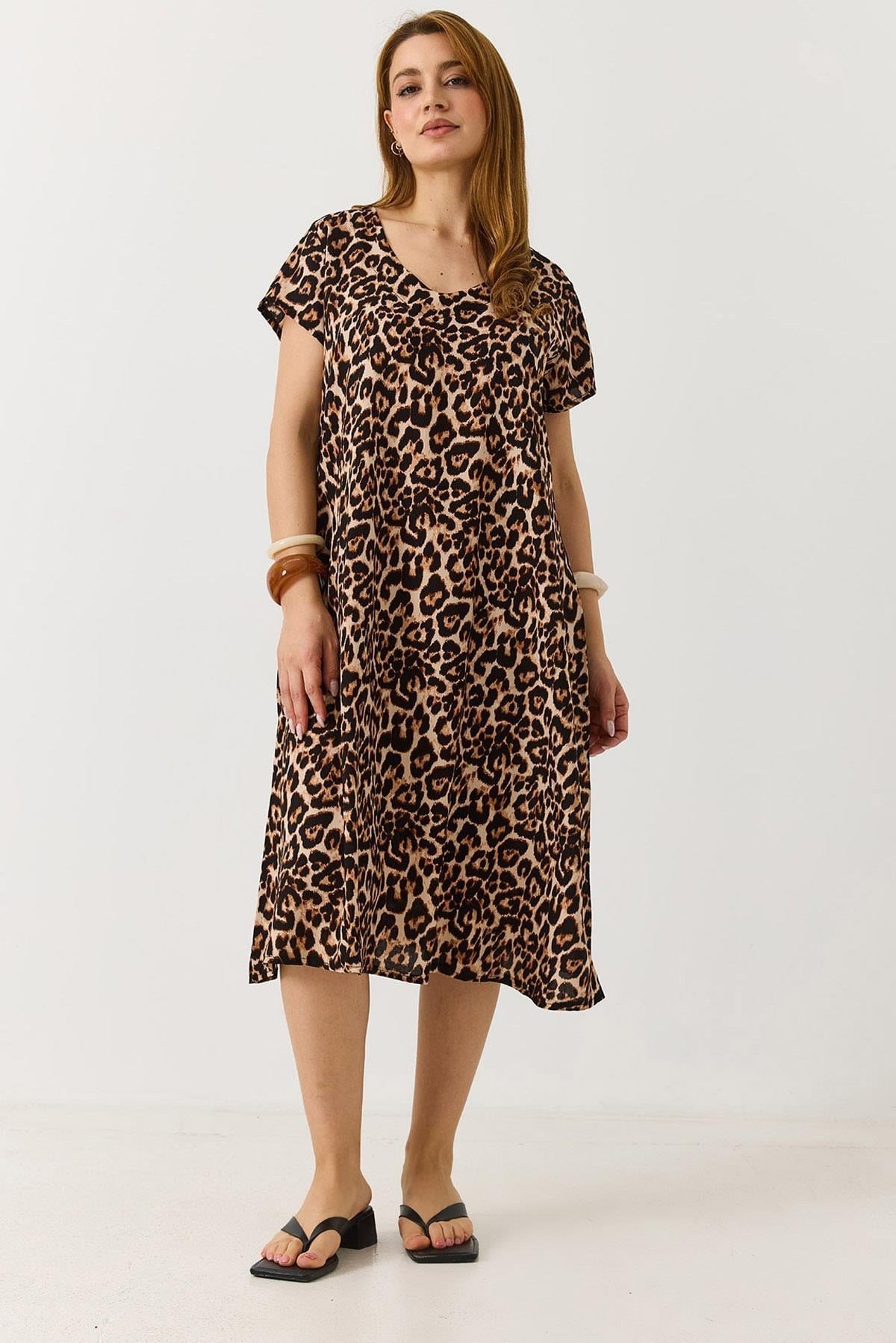 Leopar Desenli Rahat Midi Elbise