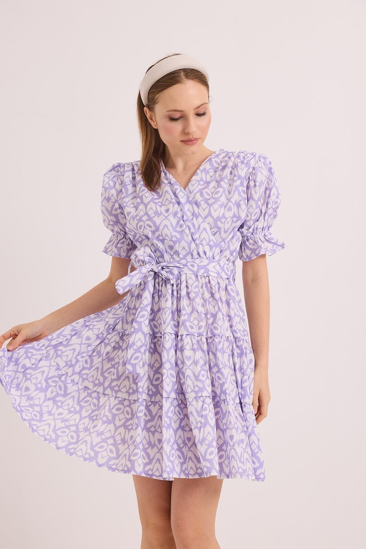 Lila Etnik Desenli Mini Elbise