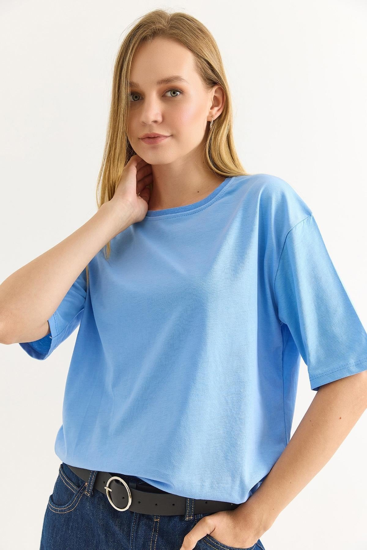 Mavi Oversize Bisiklet Yaka Tişört