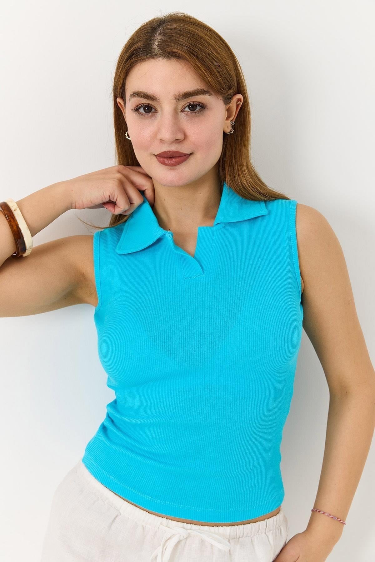 Mavi Polo Yaka Kaşkorse Bluz