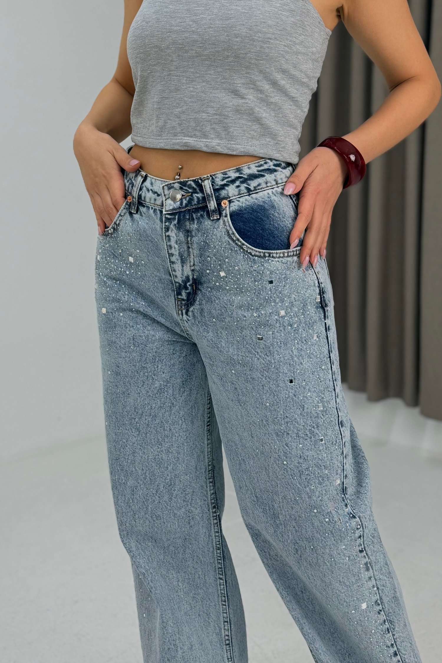 Mavi Taşlı Bol Paça Jeans