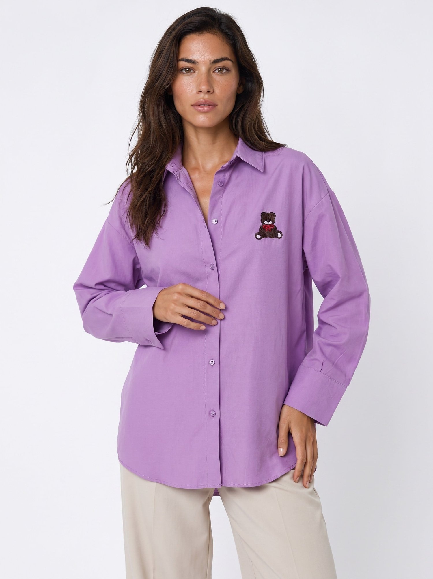 Mor Ayıcık Nakışlı Oversize Gömlek