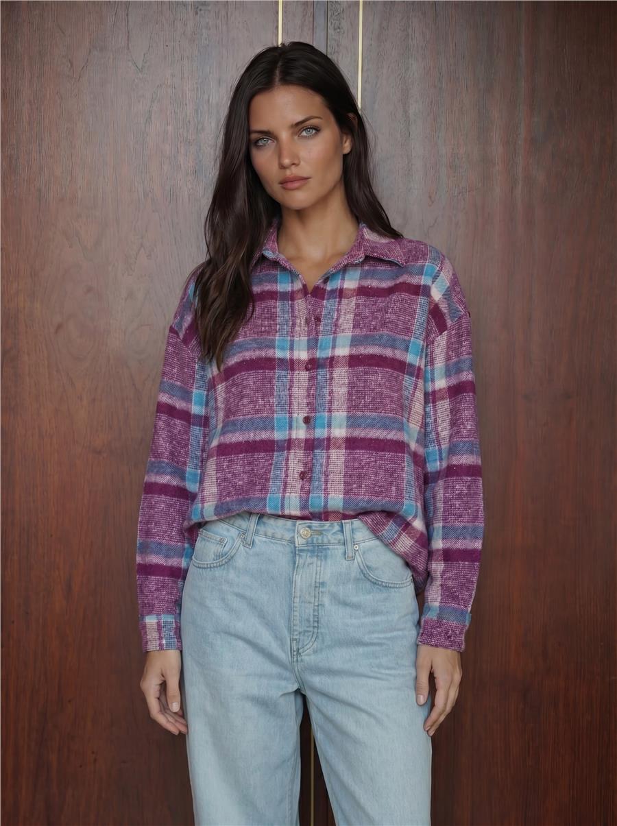 Kadın Ekose Desen Oversize Oduncu Gömlek 3854 Mor