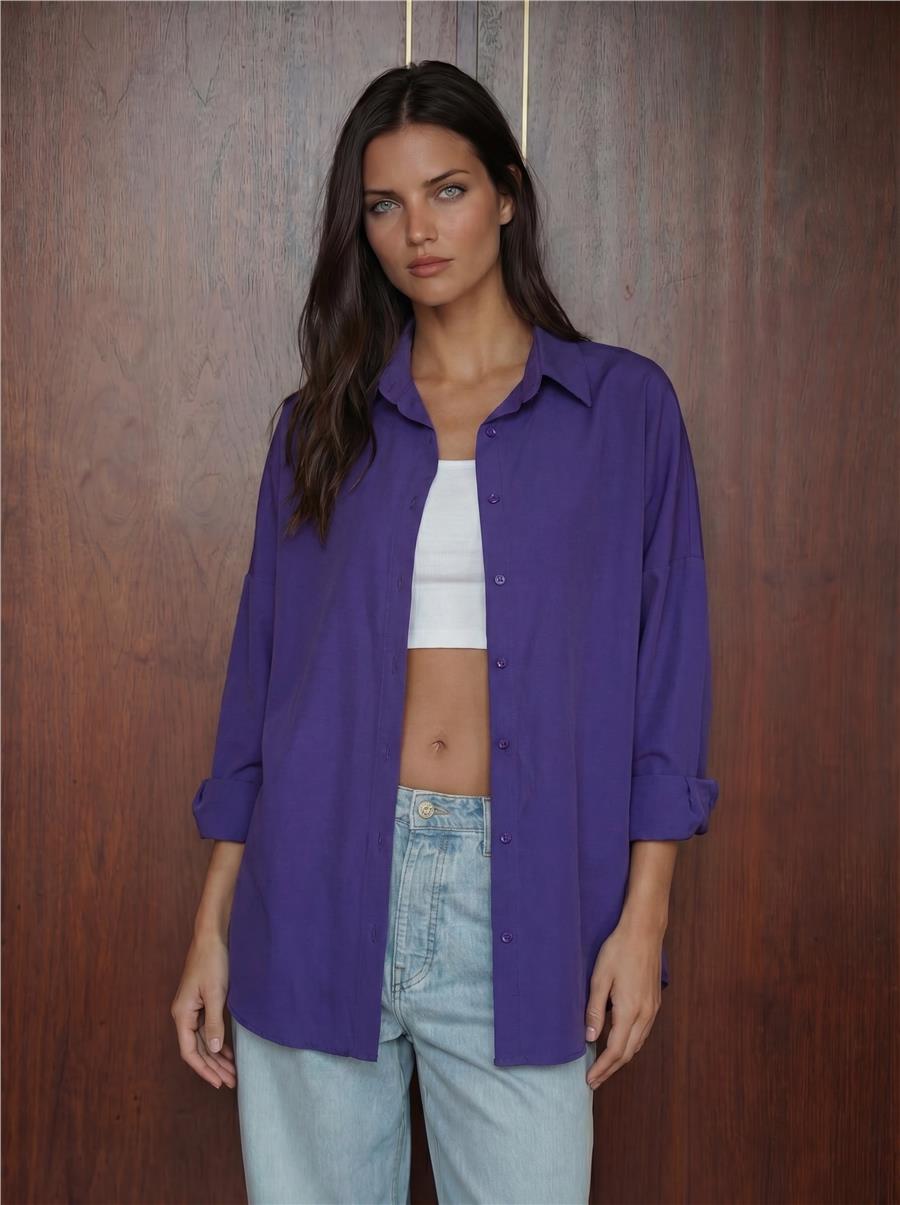3900 Oversize Uzun Basic Gömlek - Mor