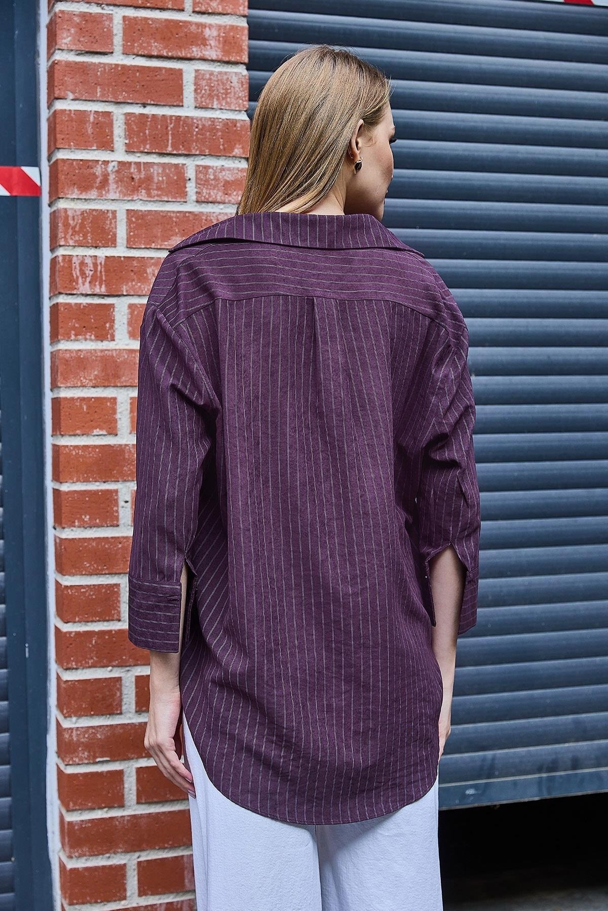 Mürdüm Çizgili Oversize Süet Gömlek