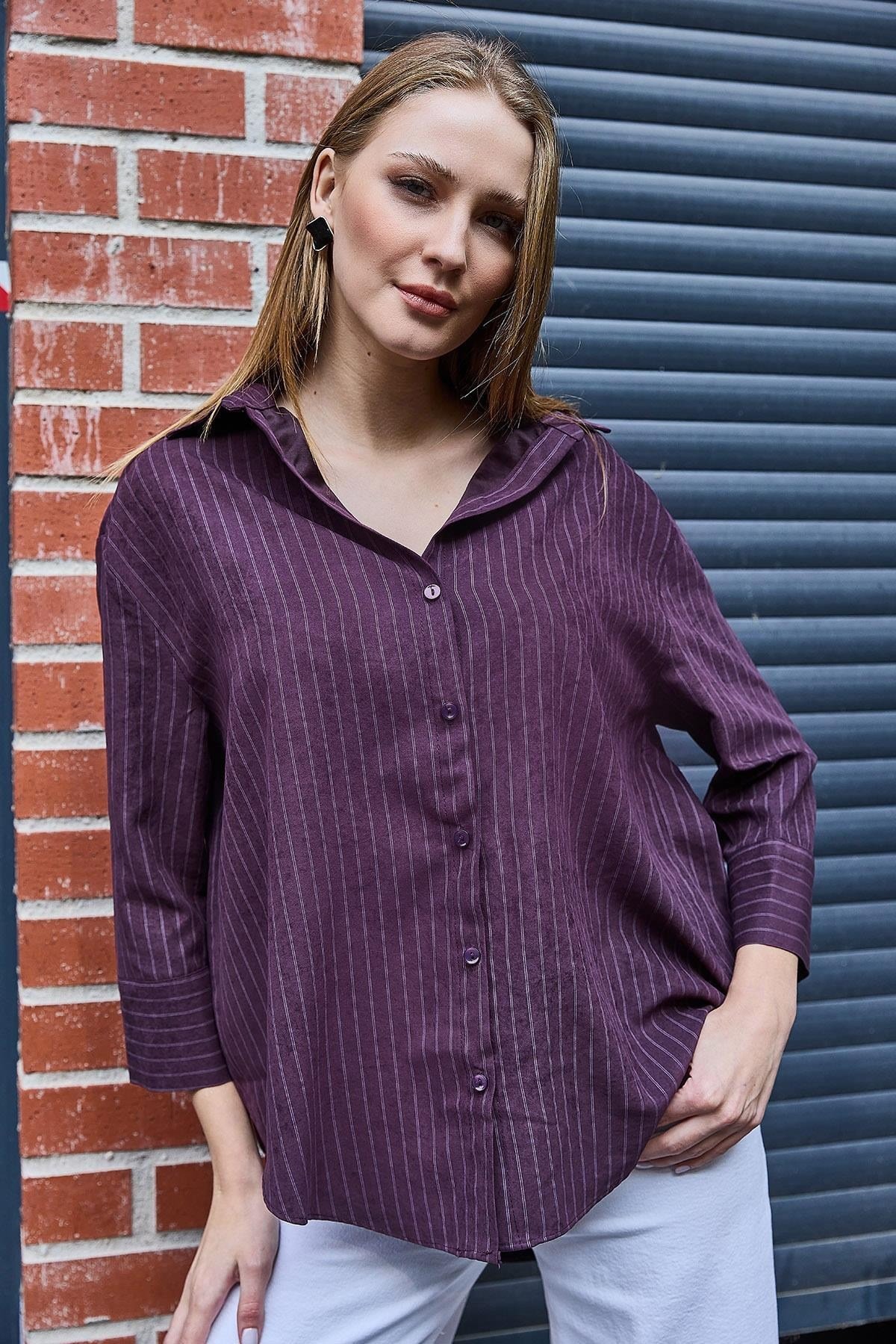 Mürdüm Çizgili Oversize Süet Gömlek